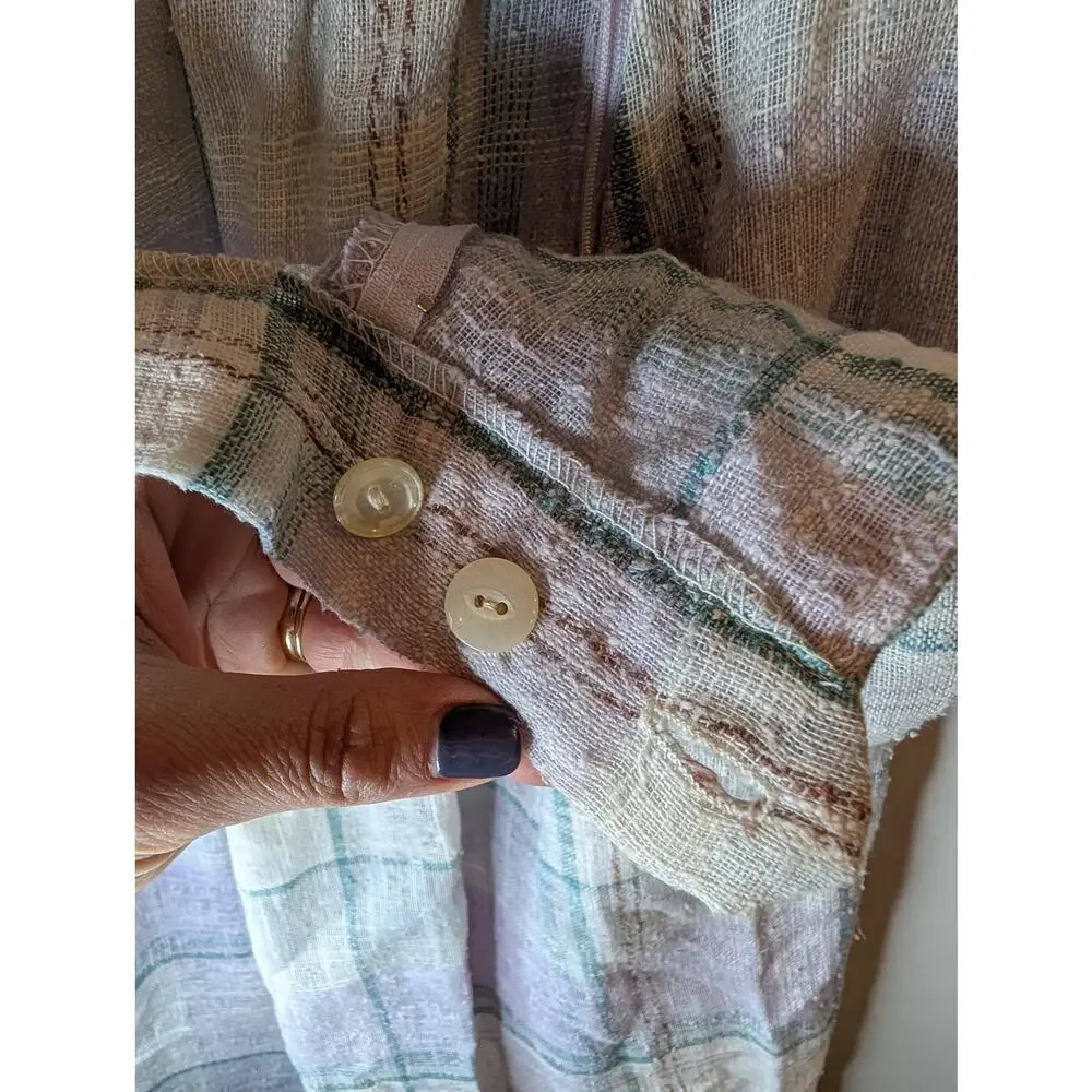 Vintage JCPenney Linen Plaid Pleated Midi Skirt Lavender Green Cream Women Sz 18